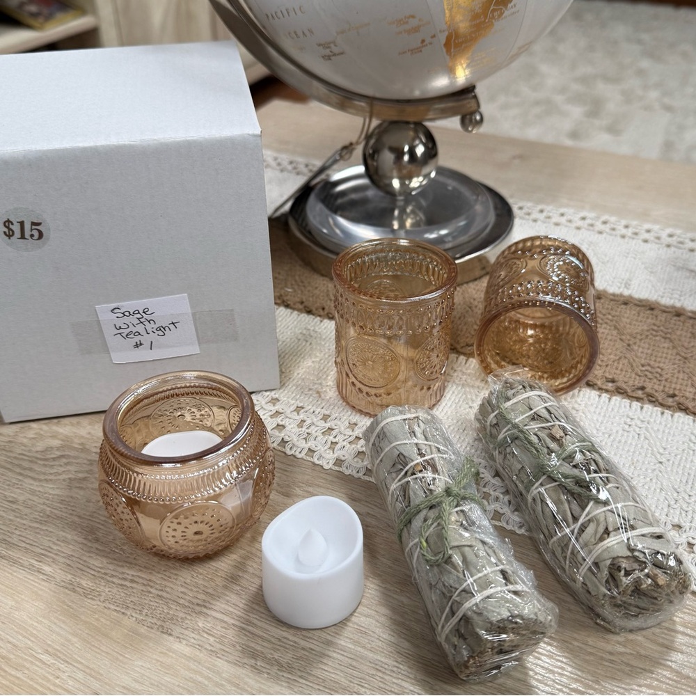 Sage Bundles with LED Tealight Candles in Decorative Glass Holders, to disinfect
